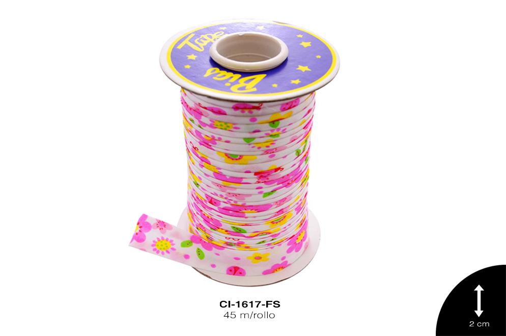 SESGO ESTAMPADO FLORES 20mm REF: 507 FUCSIA 45 m/rollo