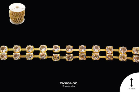 STRASS METALICO 2 LINEAS REFERENCIA: 16SS 4 mm DORADO CR 9 m/rollo