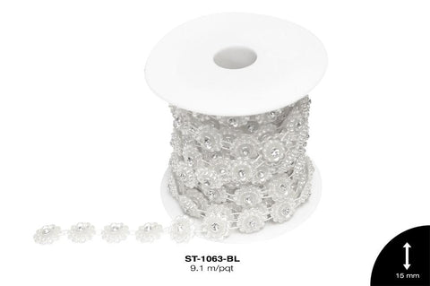 STRASS PLAST PERLA FLOR 15mm REF: AC8041 BLANCO 9.1 m/rollo